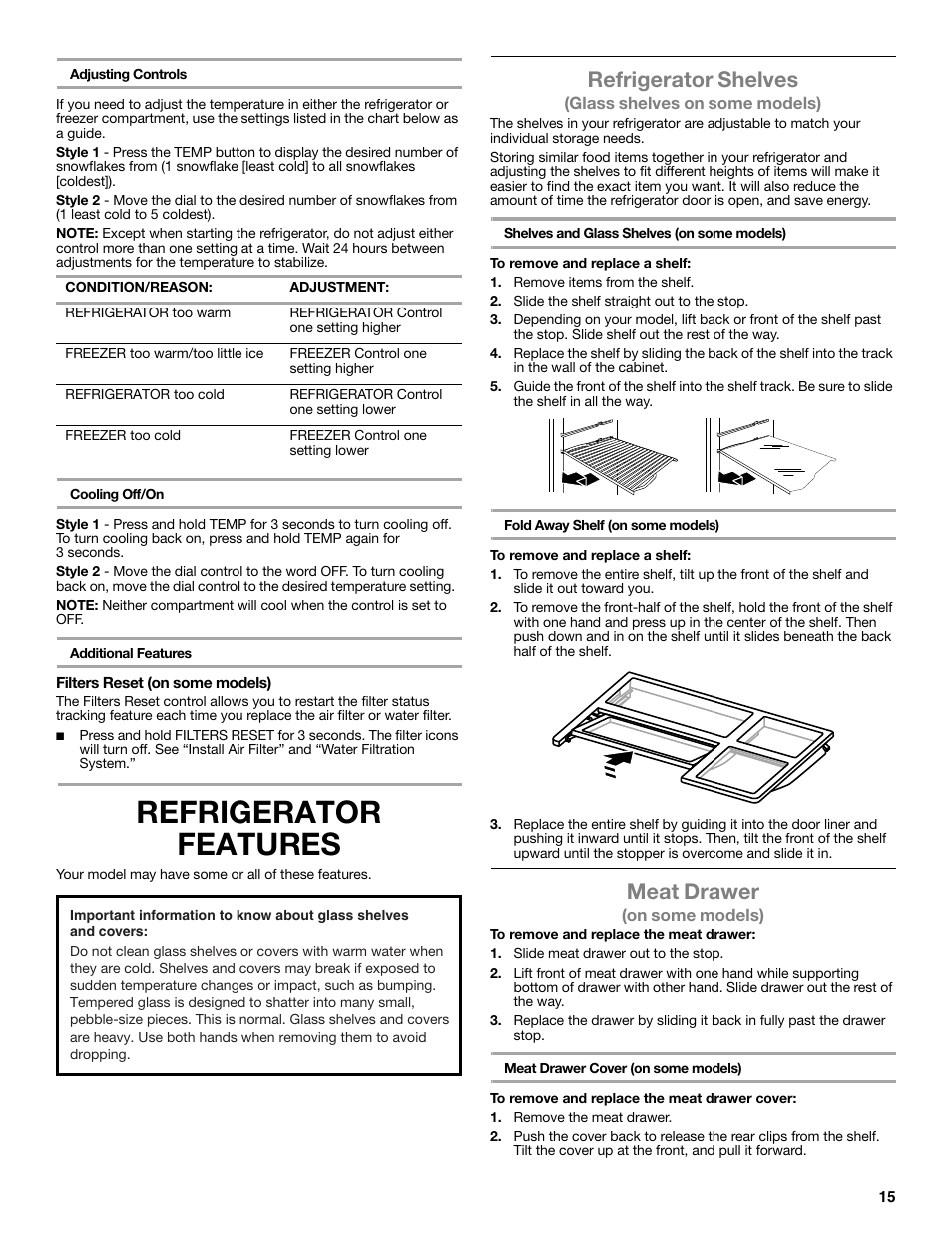 Refrigerator features, Refrigerator shelves, Meat drawer | Maytag WRT371SZBF User Manual | Page 15 / 78