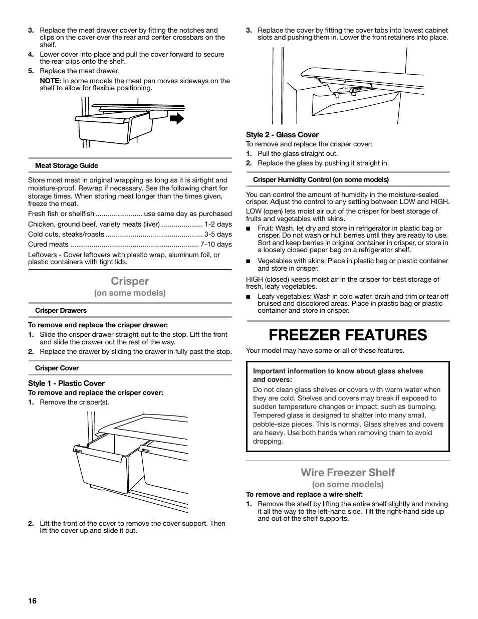 Freezer features, Crisper, Wire freezer shelf | Maytag WRT371SZBF User Manual | Page 16 / 78