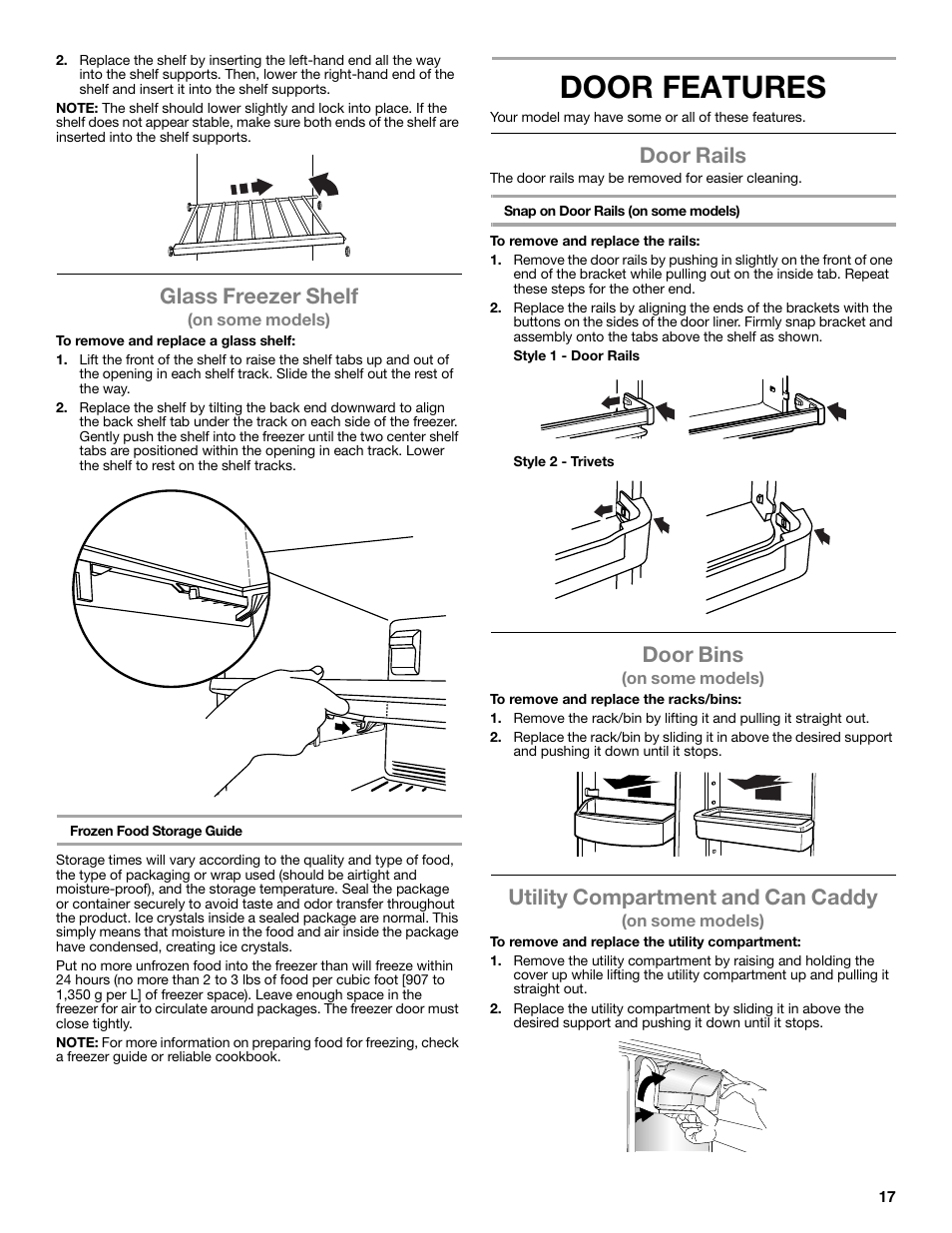 Door features, Glass freezer shelf, Door rails | Door bins, Utility compartment and can caddy | Maytag WRT371SZBF User Manual | Page 17 / 78