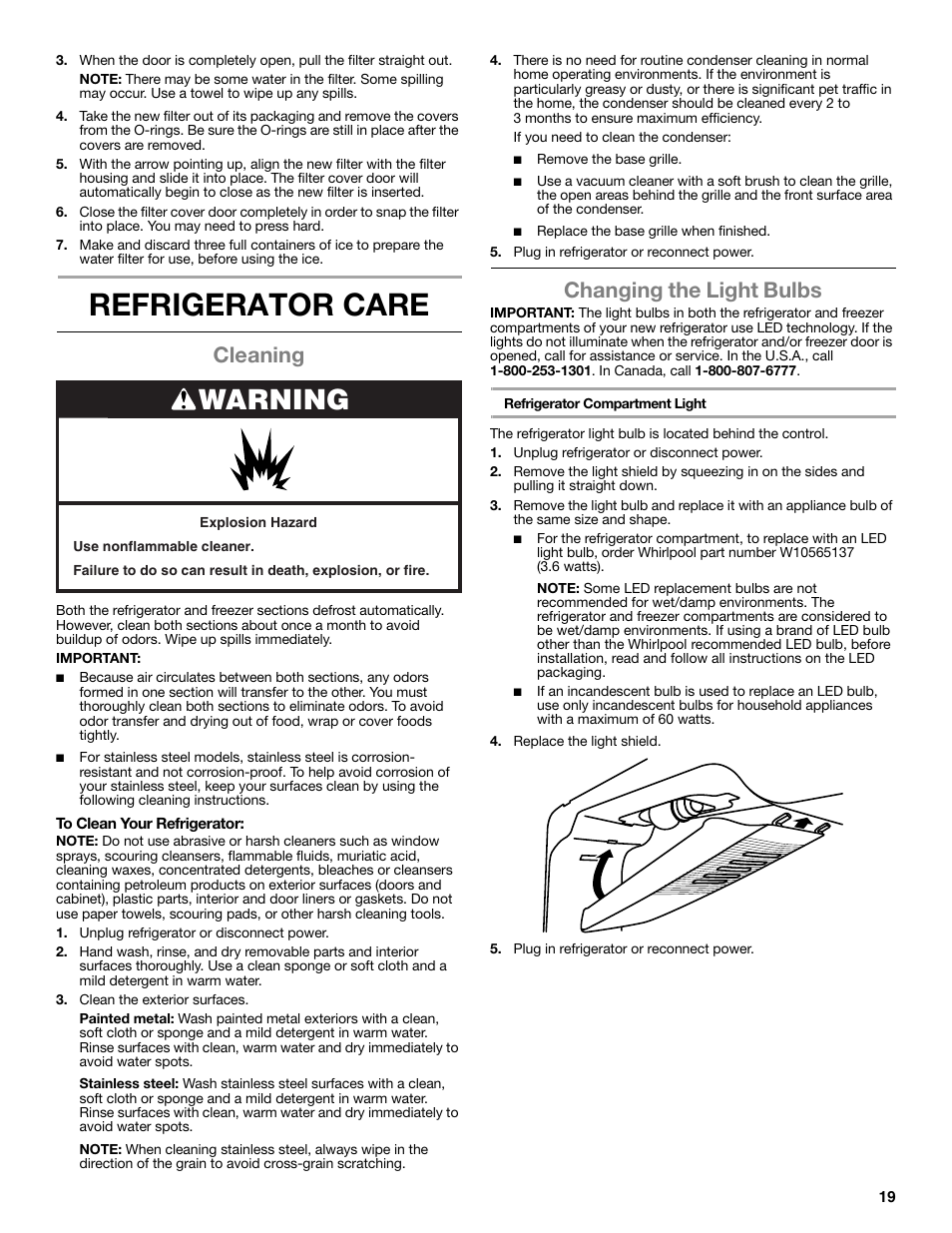 Refrigerator care, Warning, Cleaning | Changing the light bulbs | Maytag WRT371SZBF User Manual | Page 19 / 78