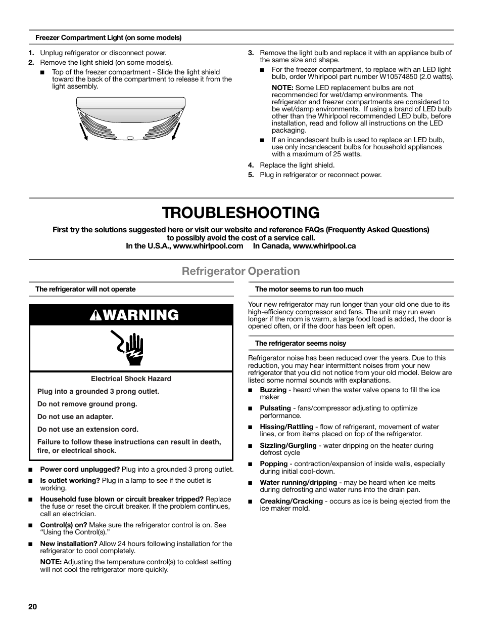 Troubleshooting, Warning, Refrigerator operation | Maytag WRT371SZBF User Manual | Page 20 / 78