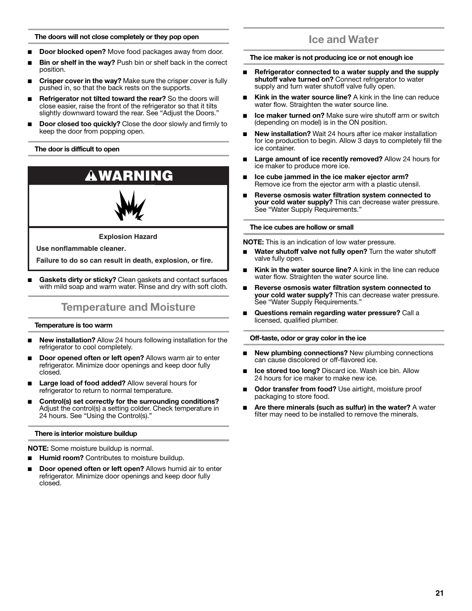 Warning, Temperature and moisture, Ice and water | Maytag WRT371SZBF User Manual | Page 21 / 78