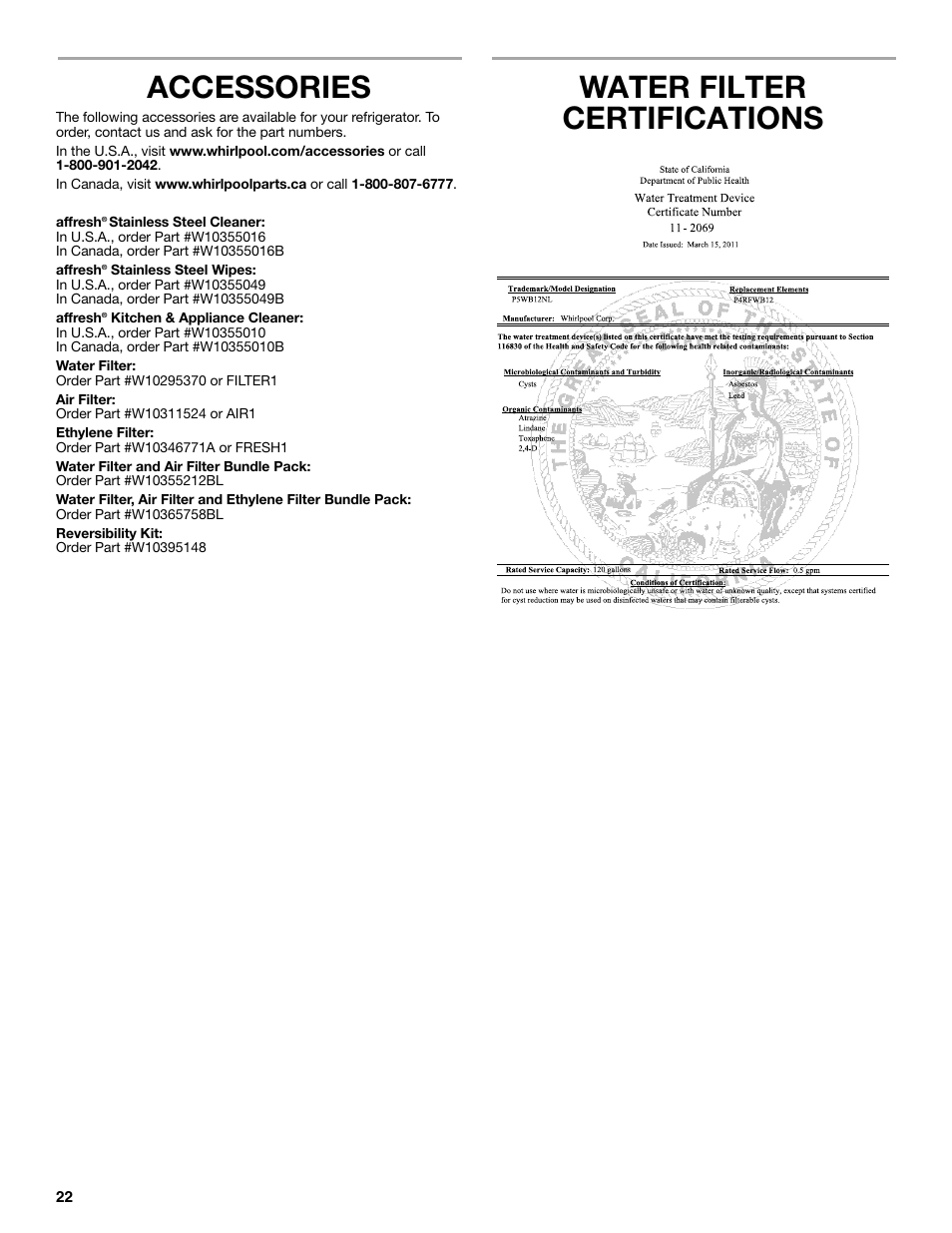 Accessories, Water filter certifications | Maytag WRT371SZBF User Manual | Page 22 / 78