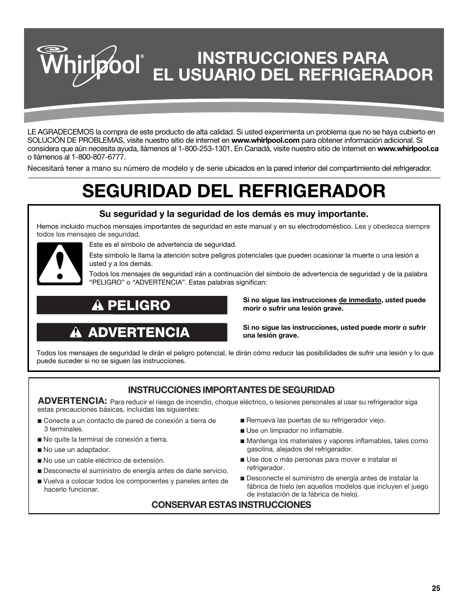 Seguridad del refrigerador, Instrucciones para el usuario del refrigerador, Advertencia peligro | Maytag WRT371SZBF User Manual | Page 25 / 78