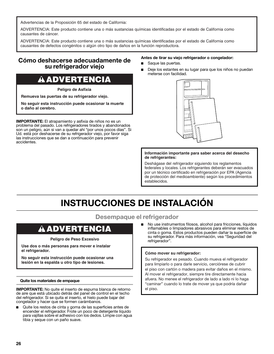 Instrucciones de instalación, Advertencia, Desempaque el refrigerador | Maytag WRT371SZBF User Manual | Page 26 / 78