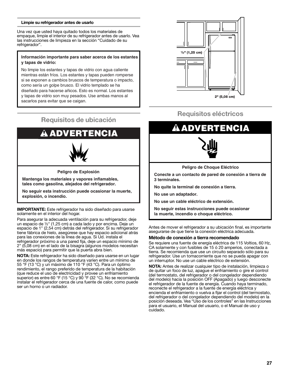 Advertencia, Requisitos de ubicación, Requisitos eléctricos | Maytag WRT371SZBF User Manual | Page 27 / 78