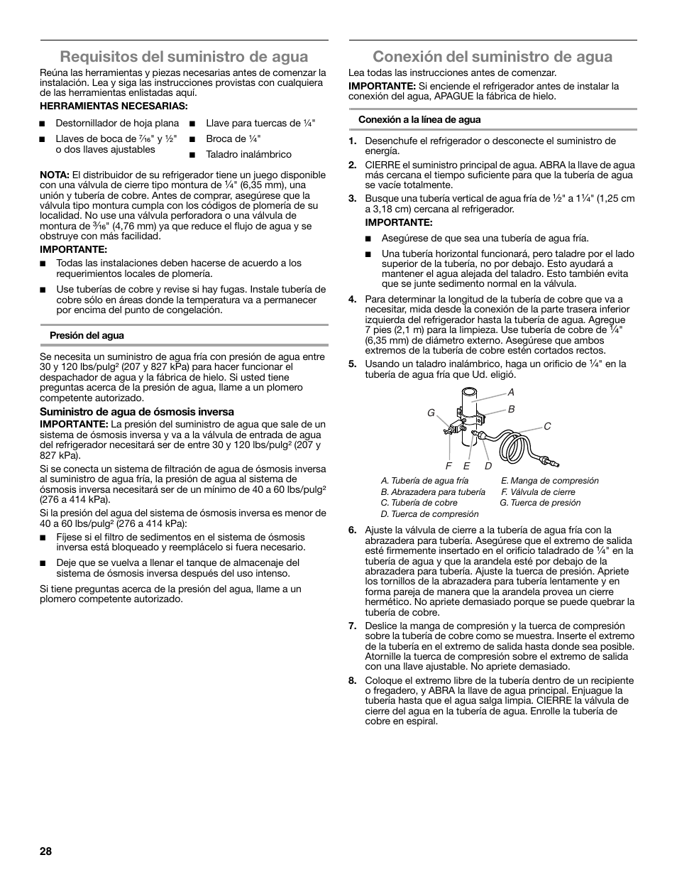 Requisitos del suministro de agua, Conexión del suministro de agua | Maytag WRT371SZBF User Manual | Page 28 / 78