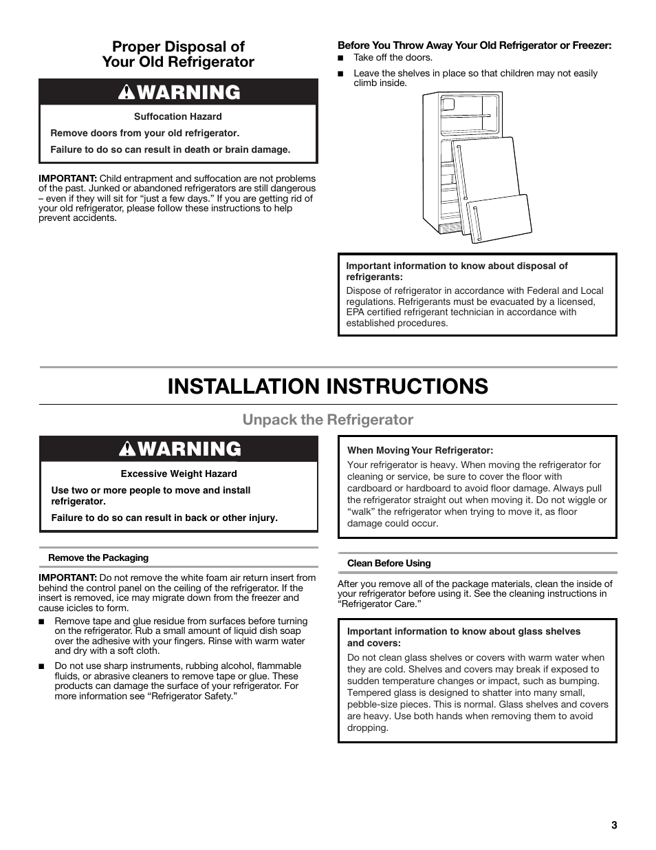 Installation instructions, Warning, Unpack the refrigerator | Proper disposal of your old refrigerator | Maytag WRT371SZBF User Manual | Page 3 / 78