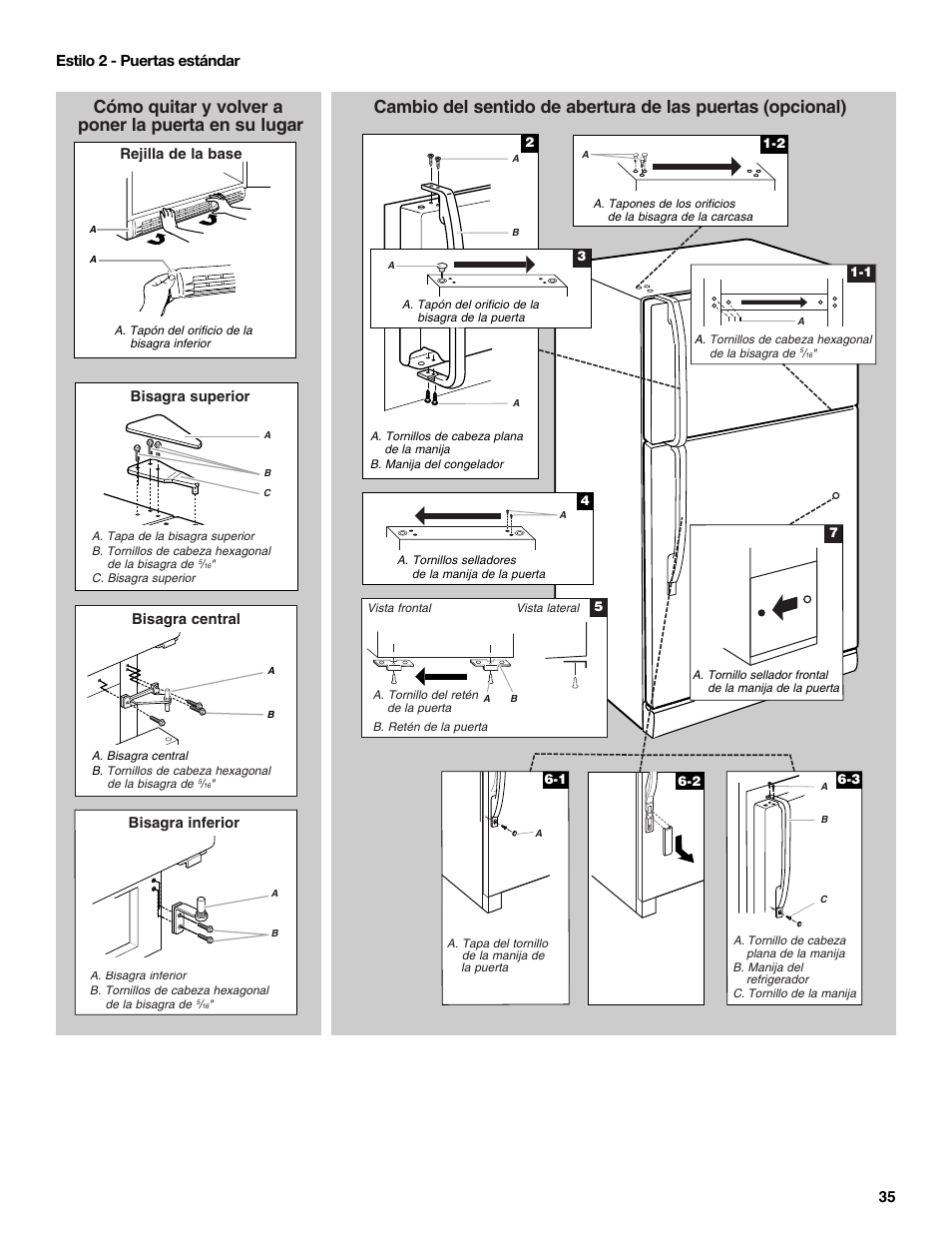 35 estilo 2 - puertas estándar, Bisagra superior bisagra inferior, Rejilla de la base | Bisagra central | Maytag WRT371SZBF User Manual | Page 35 / 78