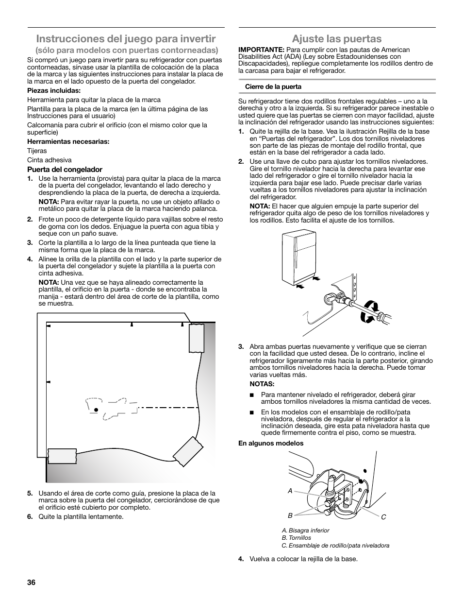 Instrucciones del juego para invertir, Ajuste las puertas | Maytag WRT371SZBF User Manual | Page 36 / 78