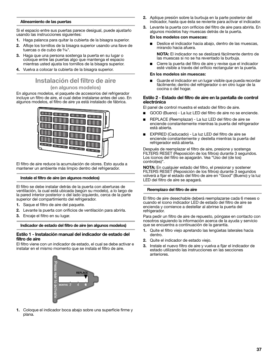 Instalación del filtro de aire, En algunos modelos) | Maytag WRT371SZBF User Manual | Page 37 / 78