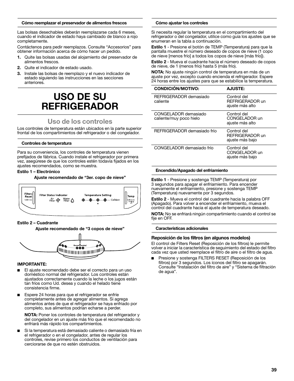 Uso de su refrigerador, Uso de los controles | Maytag WRT371SZBF User Manual | Page 39 / 78