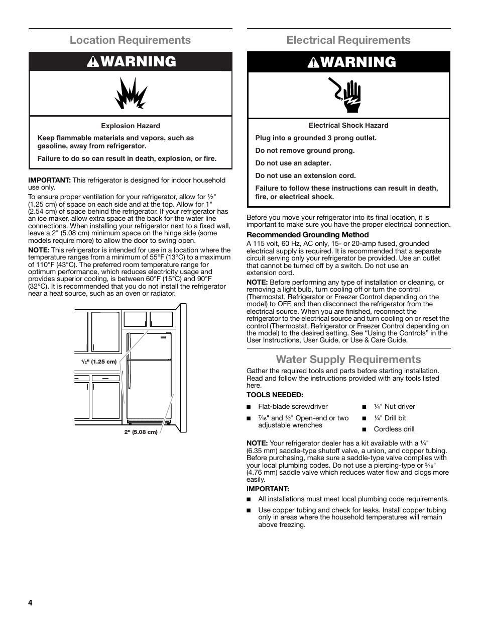 Warning, Location requirements, Electrical requirements | Water supply requirements | Maytag WRT371SZBF User Manual | Page 4 / 78