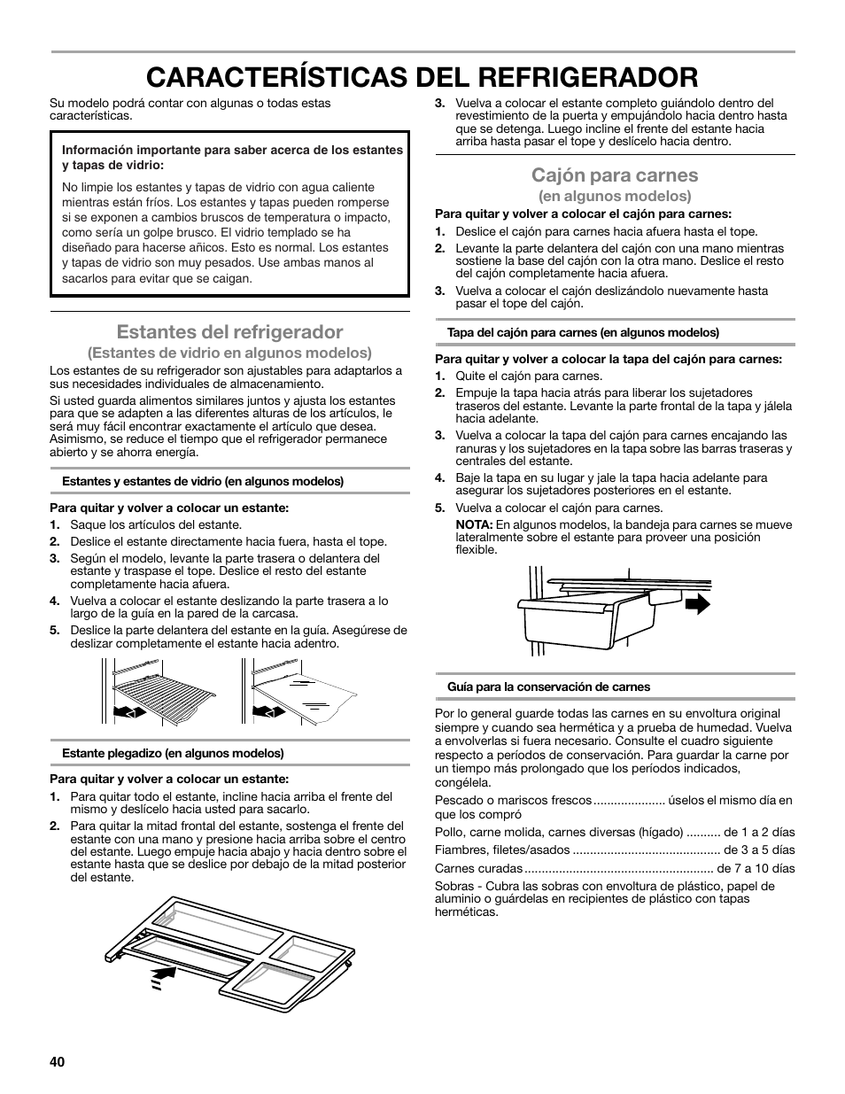 Características del refrigerador, Estantes del refrigerador, Cajón para carnes | Maytag WRT371SZBF User Manual | Page 40 / 78