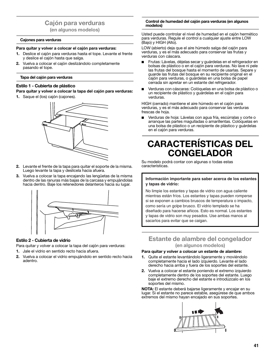 Características del congelador, Cajón para verduras, Estante de alambre del congelador | Maytag WRT371SZBF User Manual | Page 41 / 78