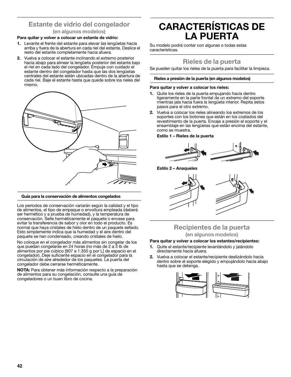 Características de la puerta, Estante de vidrio del congelador, Rieles de la puerta | Recipientes de la puerta | Maytag WRT371SZBF User Manual | Page 42 / 78