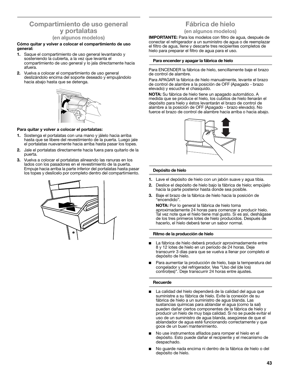 Compartimiento de uso general y portalatas, Fábrica de hielo | Maytag WRT371SZBF User Manual | Page 43 / 78