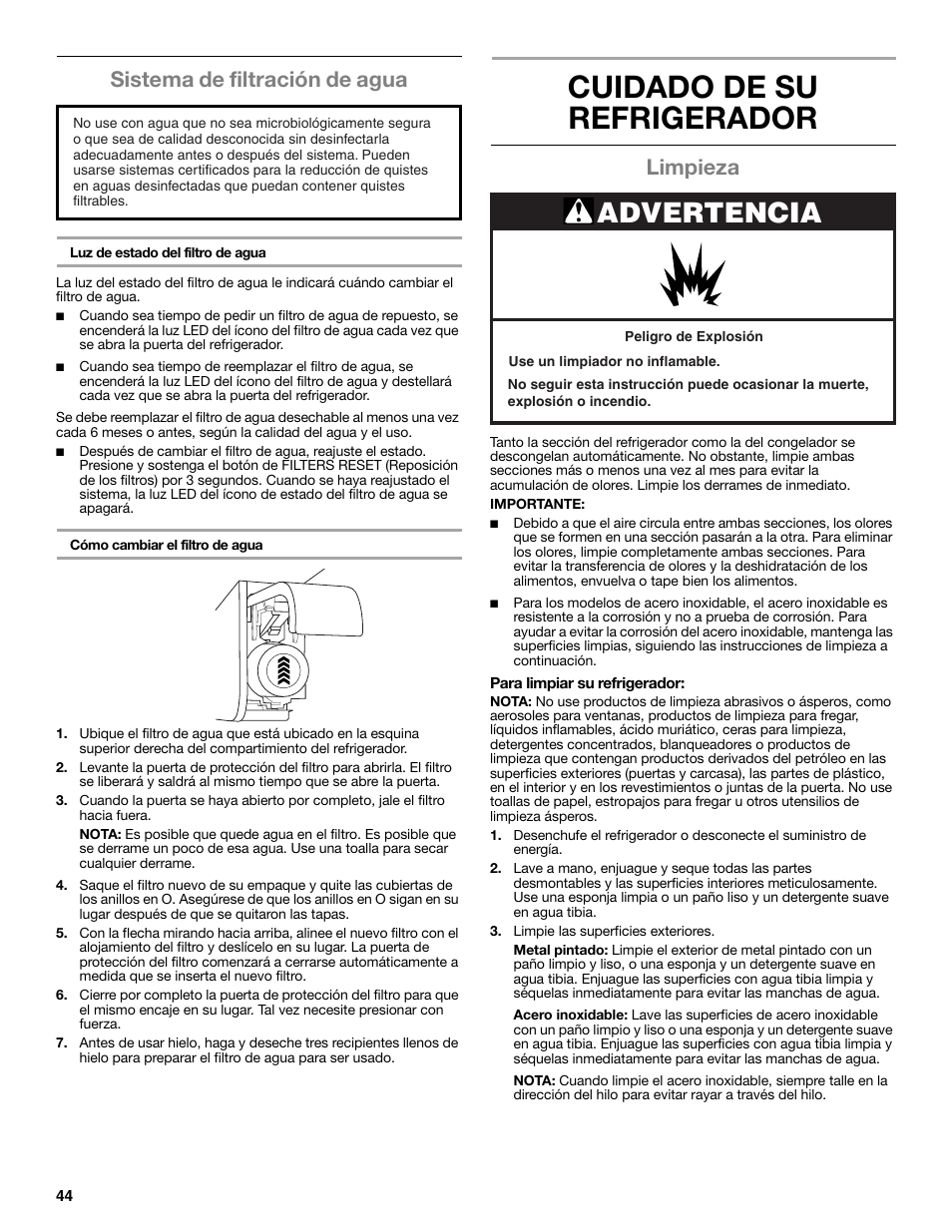 Cuidado de su refrigerador, Advertencia, Sistema de filtración de agua | Limpieza | Maytag WRT371SZBF User Manual | Page 44 / 78