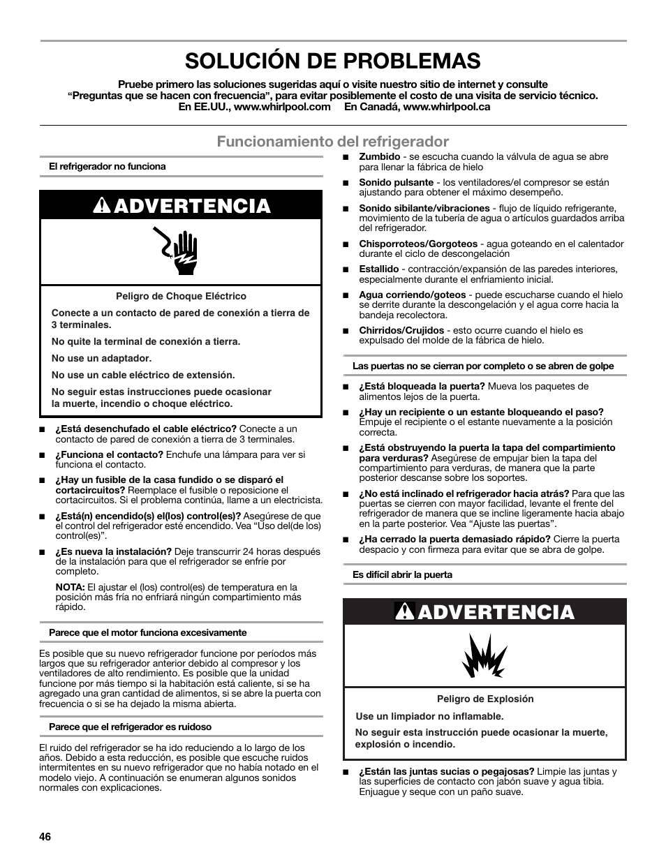 Solución de problemas, Advertencia, Funcionamiento del refrigerador | Maytag WRT371SZBF User Manual | Page 46 / 78