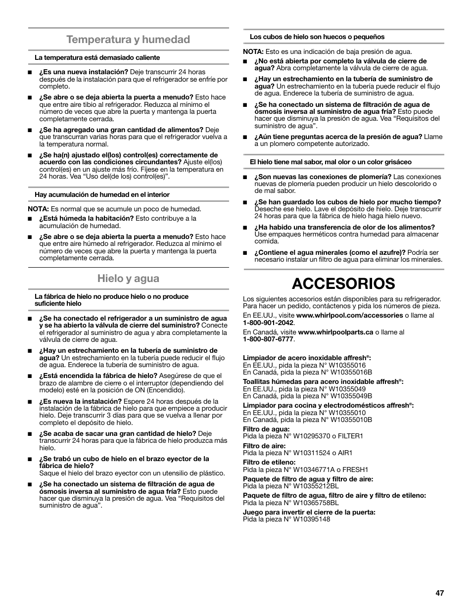 Accesorios, Temperatura y humedad, Hielo y agua | Maytag WRT371SZBF User Manual | Page 47 / 78