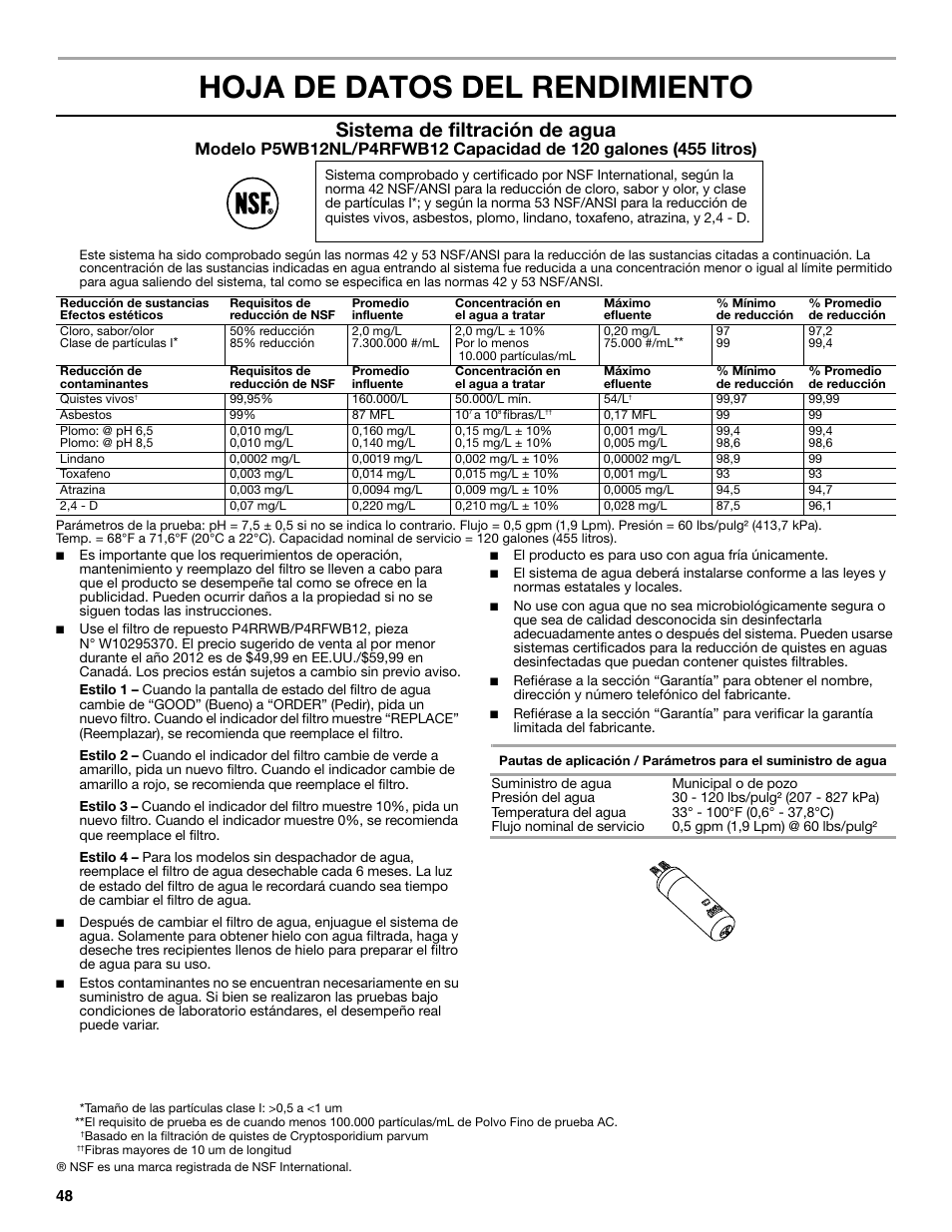 Hoja de datos del rendimiento, Sistema de filtración de agua | Maytag WRT371SZBF User Manual | Page 48 / 78