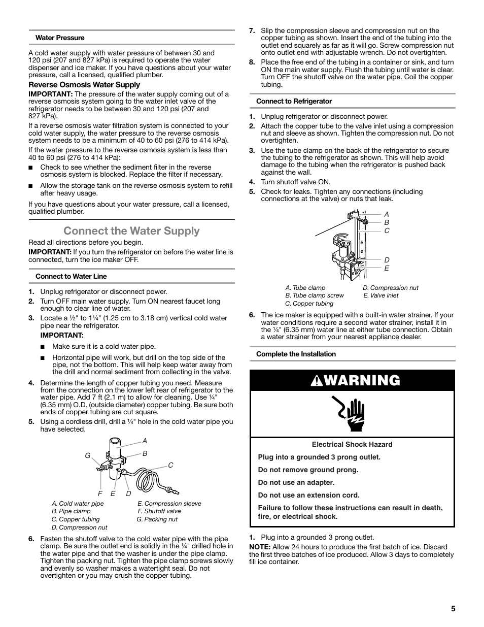 Warning, Connect the water supply | Maytag WRT371SZBF User Manual | Page 5 / 78