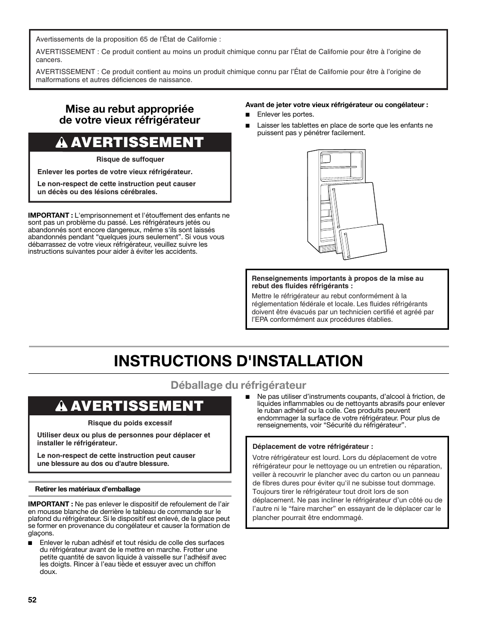 Instructions d'installation, Avertissement, Déballage du réfrigérateur | Maytag WRT371SZBF User Manual | Page 52 / 78