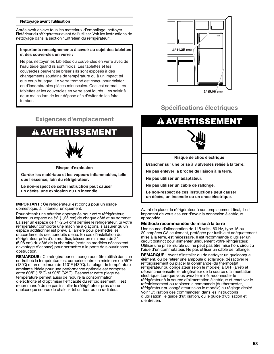 Avertissement, Exigences d'emplacement, Spécifications électriques | Maytag WRT371SZBF User Manual | Page 53 / 78