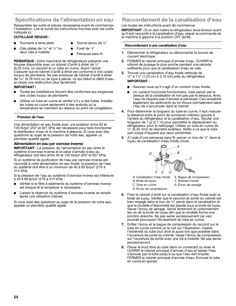 Spécifications de l’alimentation en eau, Raccordement de la canalisation d'eau | Maytag WRT371SZBF User Manual | Page 54 / 78