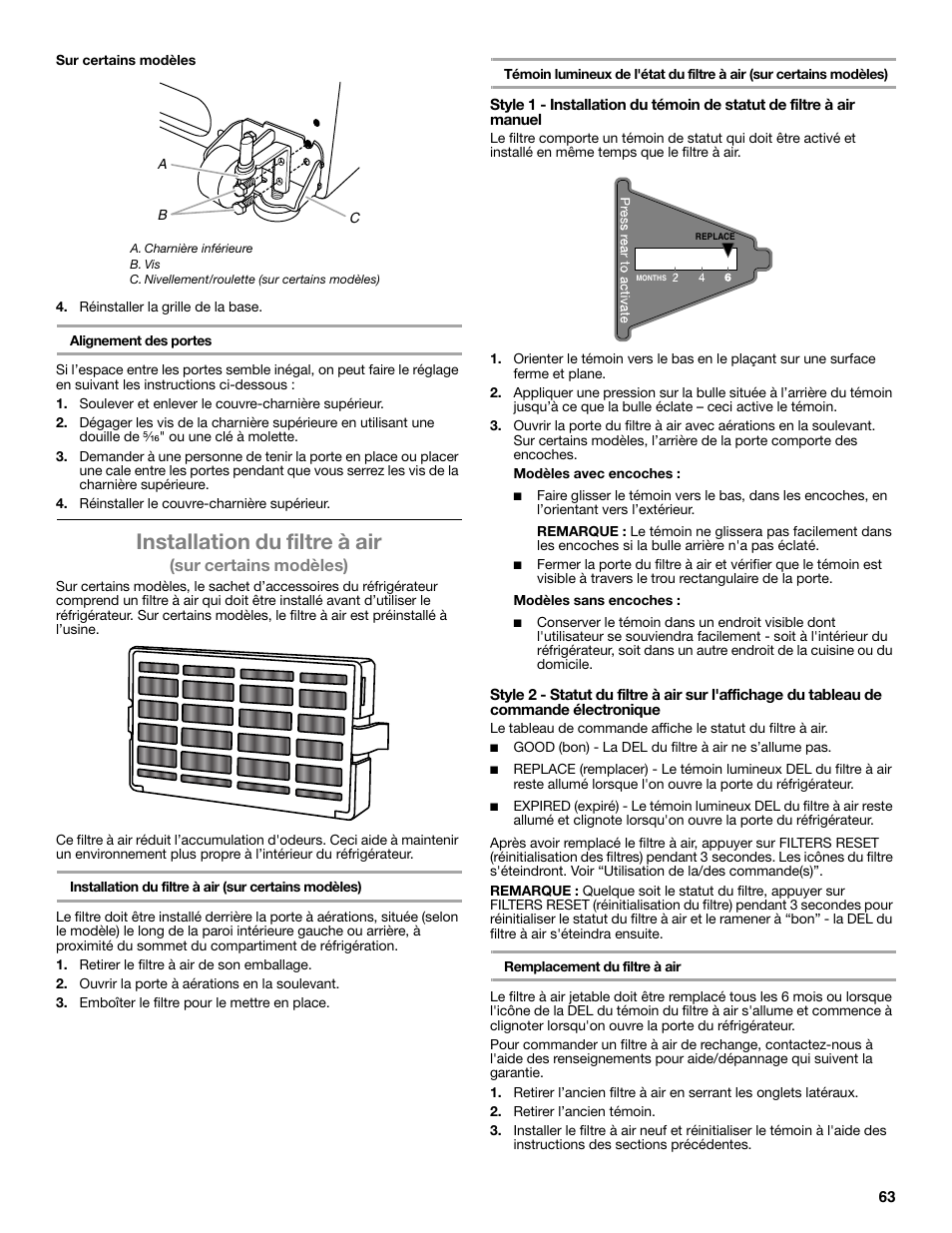 Installation du filtre à air, Sur certains modèles) | Maytag WRT371SZBF User Manual | Page 63 / 78