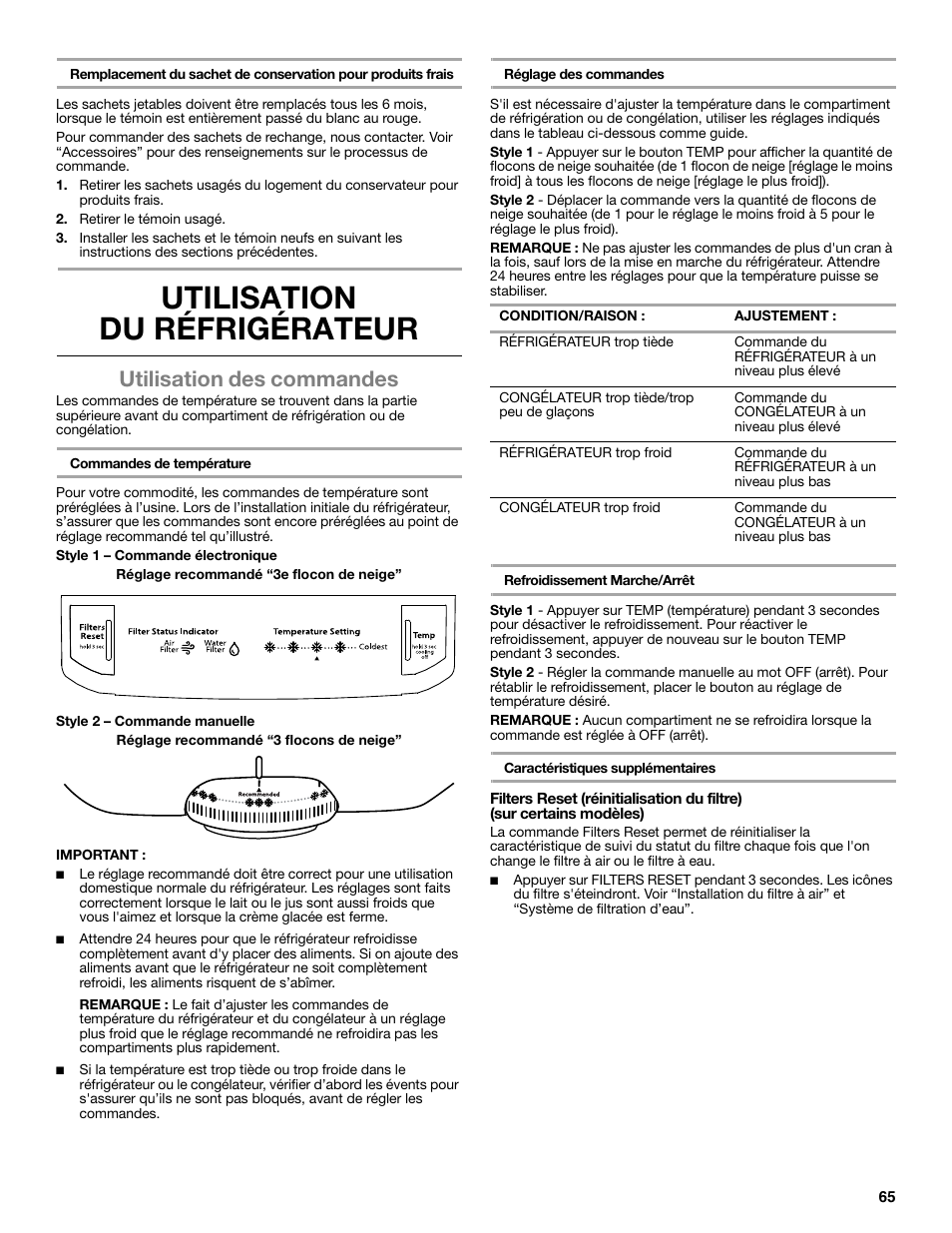 Utilisation du réfrigérateur, Utilisation des commandes | Maytag WRT371SZBF User Manual | Page 65 / 78