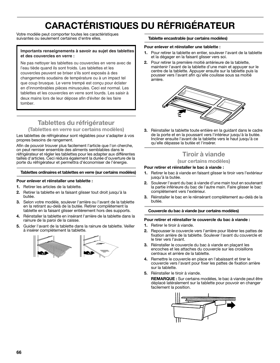 Caractéristiques du réfrigérateur, Tablettes du réfrigérateur, Tiroir à viande | Maytag WRT371SZBF User Manual | Page 66 / 78