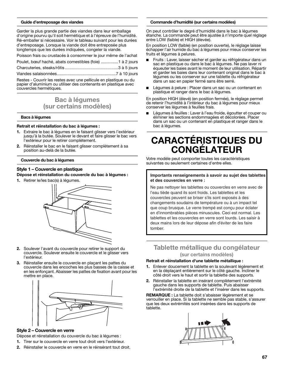 Caractéristiques du congélateur, Bac à légumes (sur certains modèles), Tablette métallique du congélateur | Maytag WRT371SZBF User Manual | Page 67 / 78