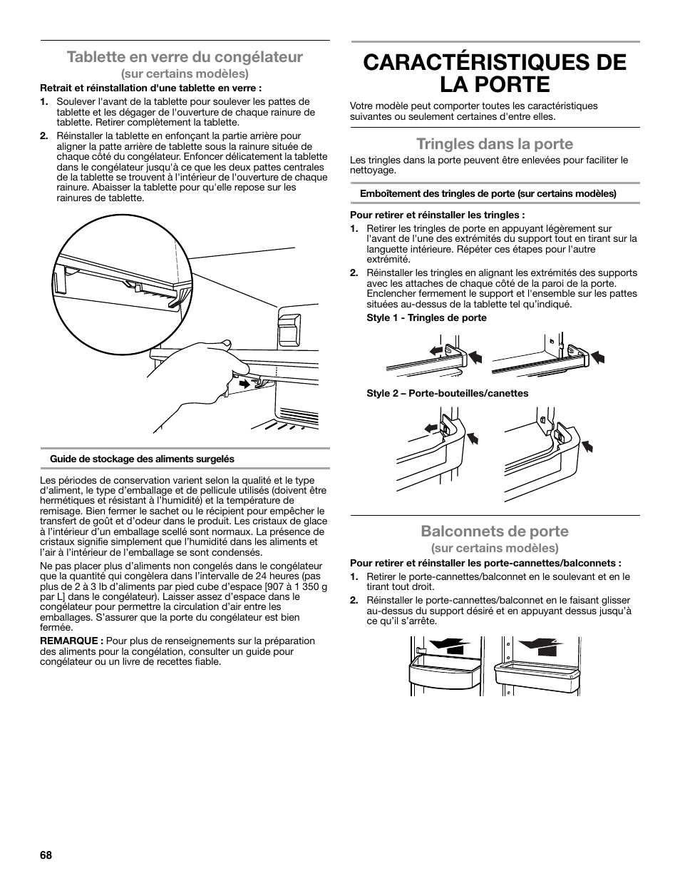 Caractéristiques de la porte, Tablette en verre du congélateur, Tringles dans la porte | Balconnets de porte | Maytag WRT371SZBF User Manual | Page 68 / 78