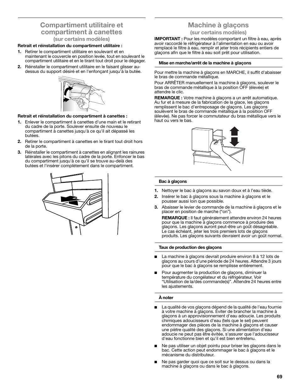 Compartiment utilitaire et compartiment à canettes, Machine à glaçons | Maytag WRT371SZBF User Manual | Page 69 / 78