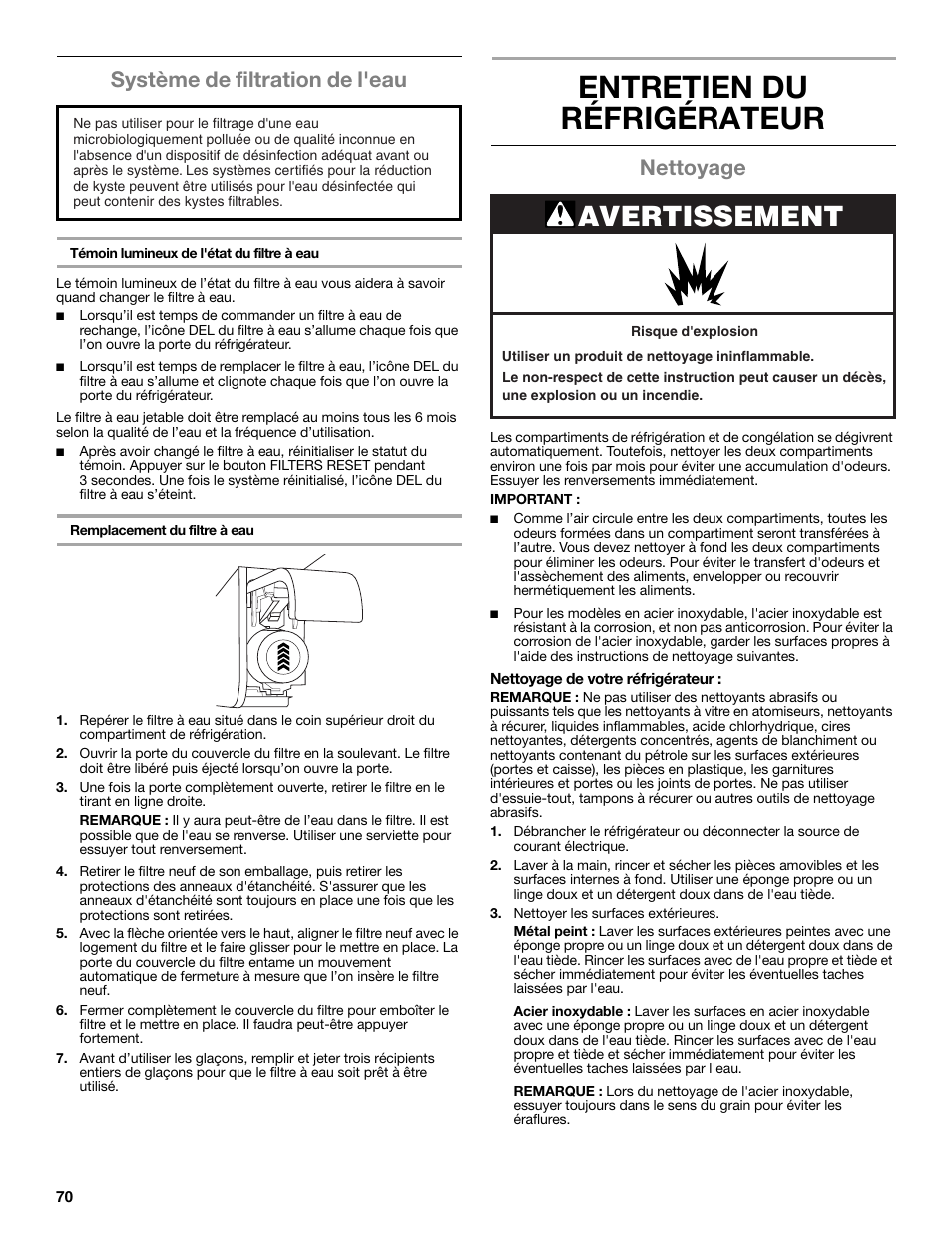 Entretien du réfrigérateur, Avertissement, Système de filtration de l'eau | Nettoyage | Maytag WRT371SZBF User Manual | Page 70 / 78