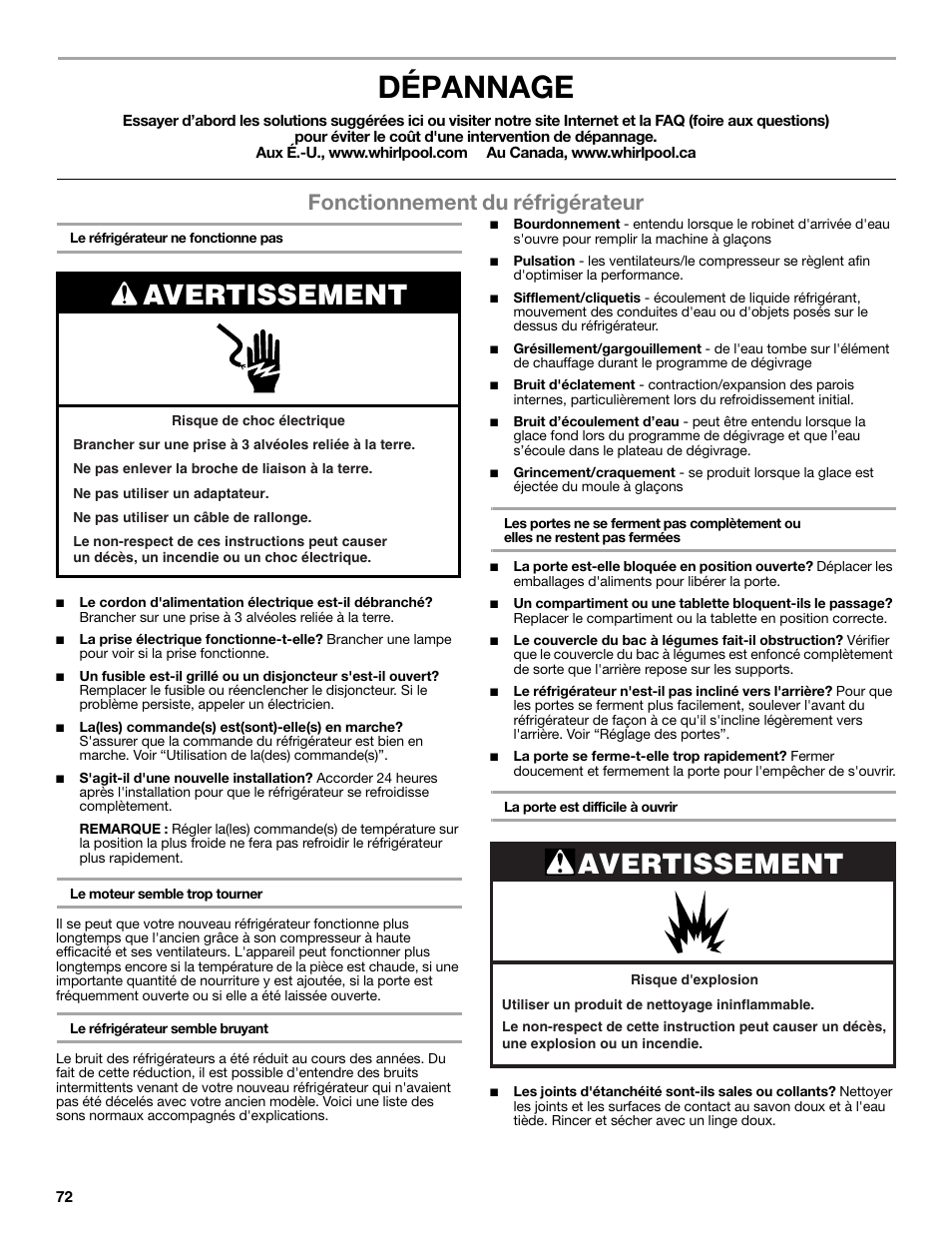 Dépannage, Avertissement, Fonctionnement du réfrigérateur | Maytag WRT371SZBF User Manual | Page 72 / 78