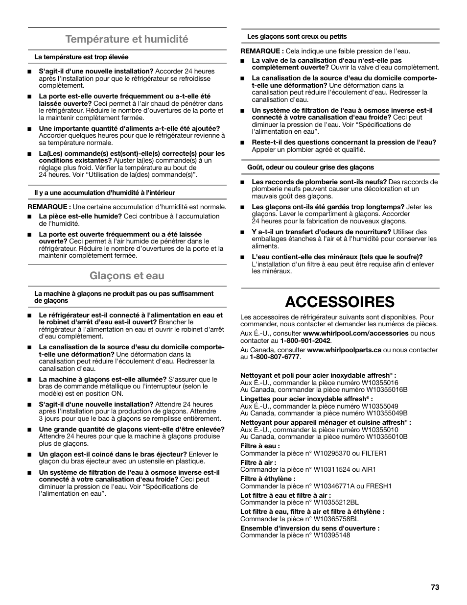 Accessoires, Température et humidité, Glaçons et eau | Maytag WRT371SZBF User Manual | Page 73 / 78