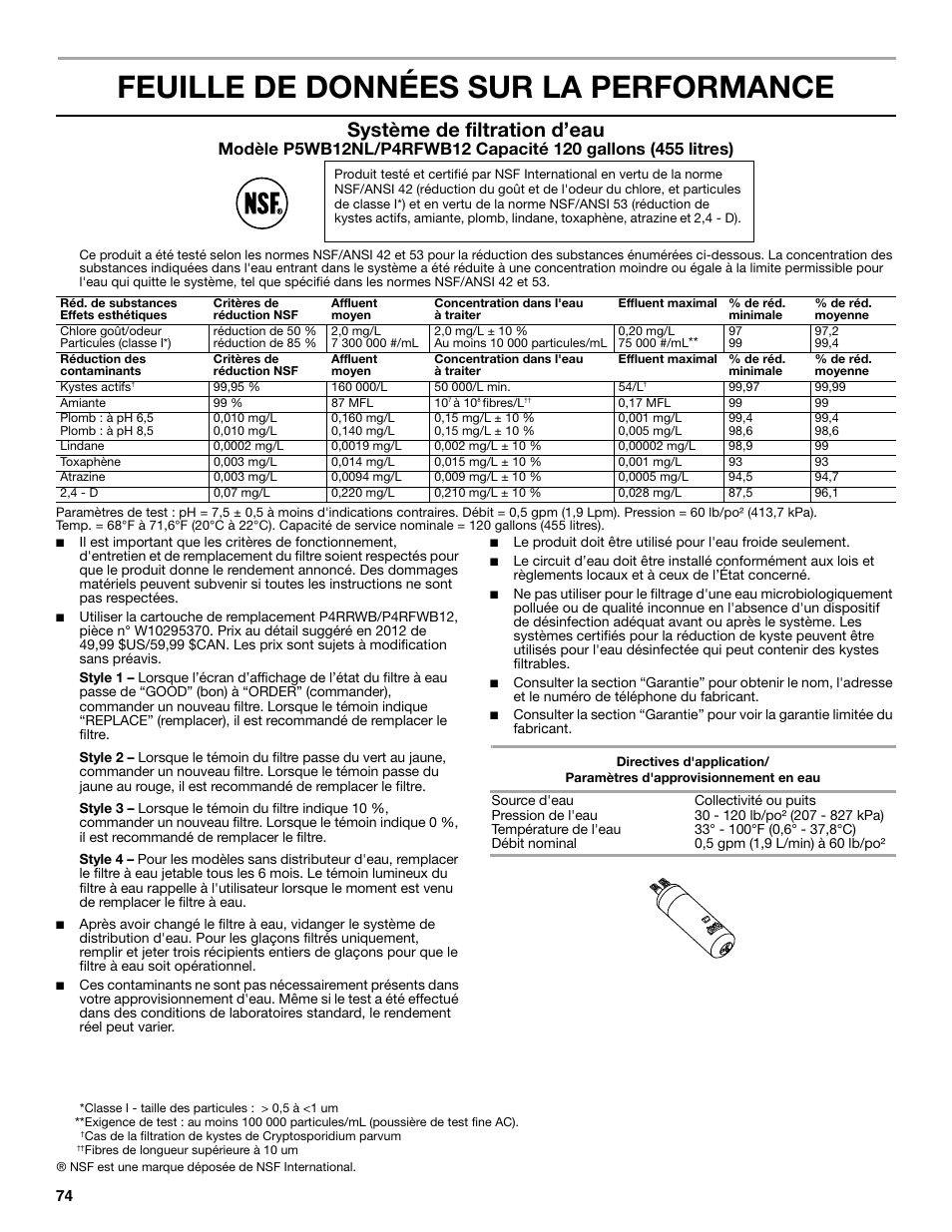 Feuille de données sur la performance, Système de filtration d’eau | Maytag WRT371SZBF User Manual | Page 74 / 78