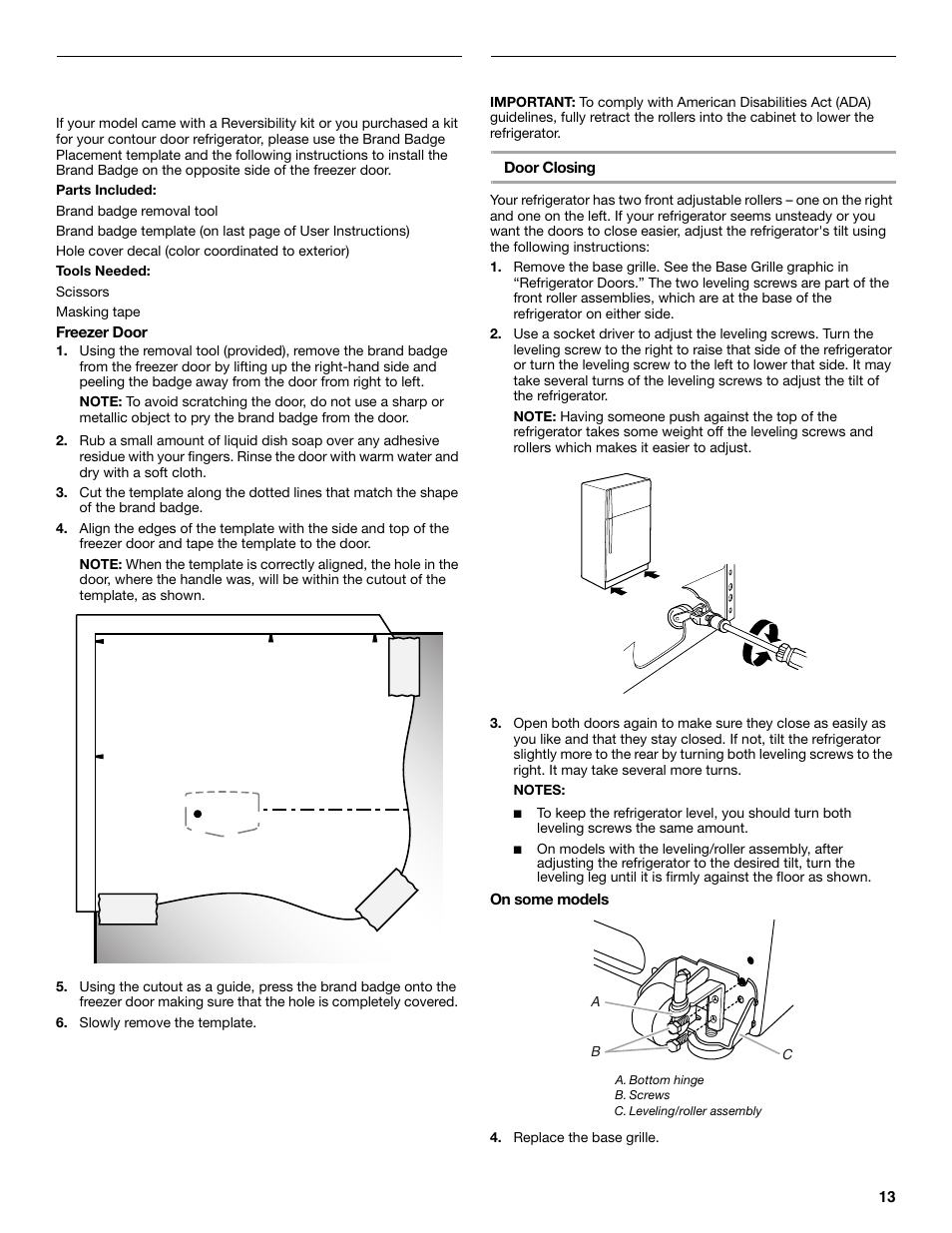 Reversibility kit instructions, Adjust the doors | Maytag M8TXEGFBS User Manual | Page 13 / 84
