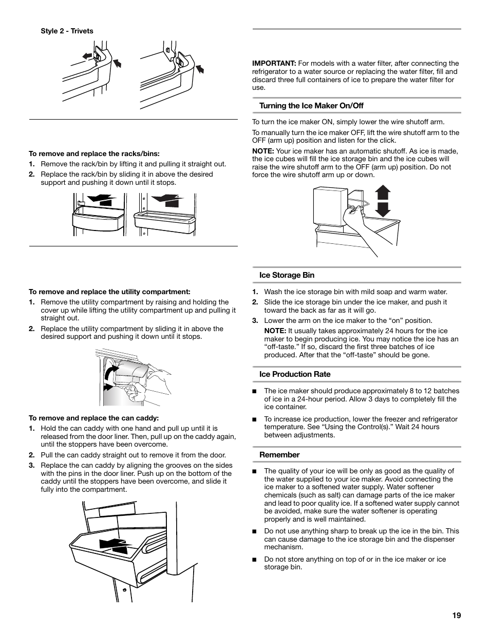 Door bins, Utility compartment and can caddy, Ice maker | Maytag M8TXEGFBS User Manual | Page 19 / 84