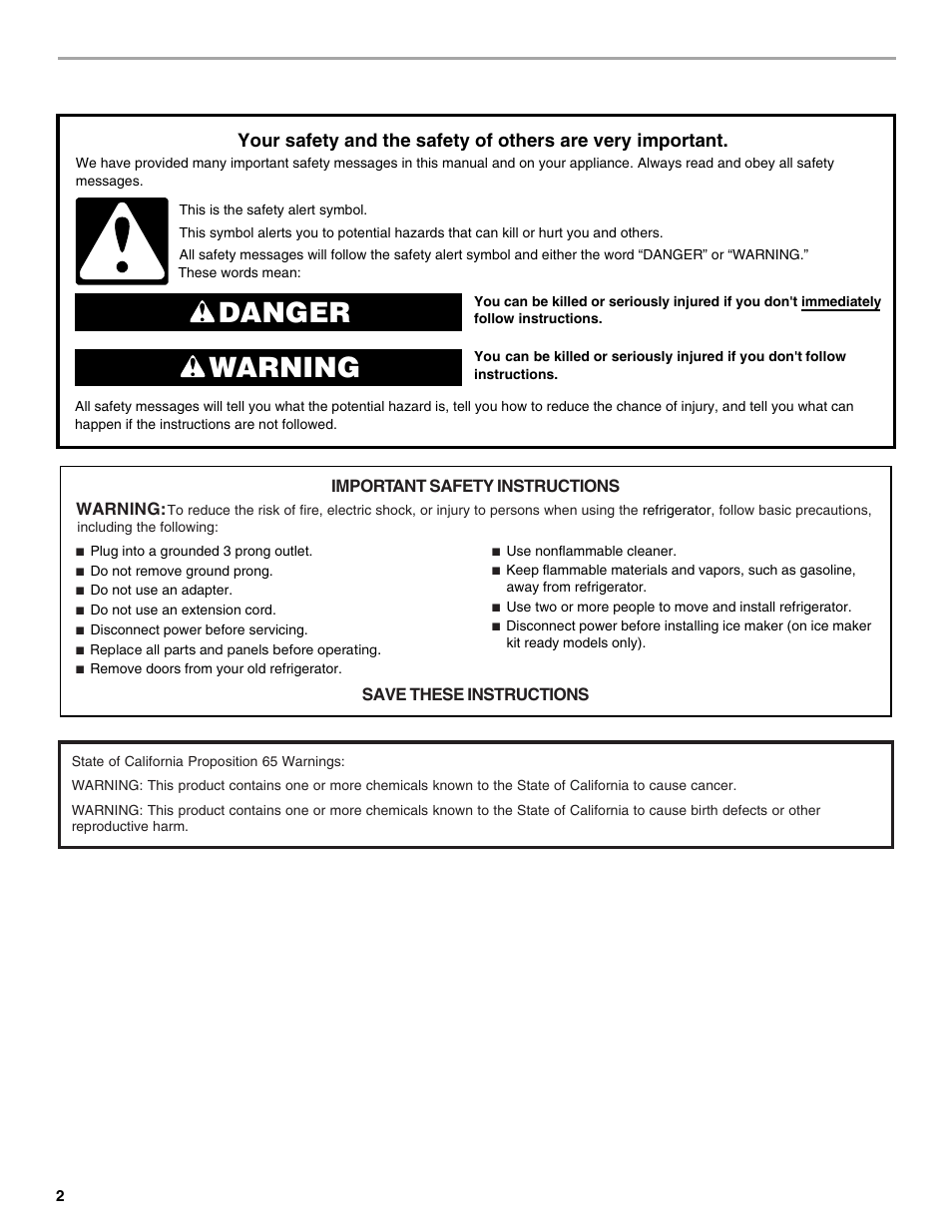 Refrigerator safety, Danger warning | Maytag M8TXEGFBS User Manual | Page 2 / 84