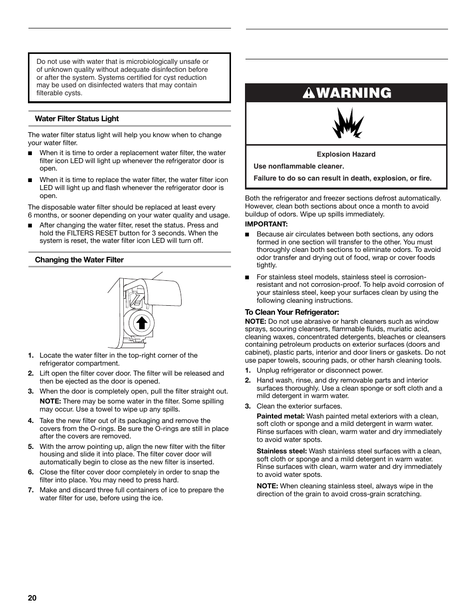 Refrigerator care, Warning, Water filtration system | Cleaning | Maytag M8TXEGFBS User Manual | Page 20 / 84