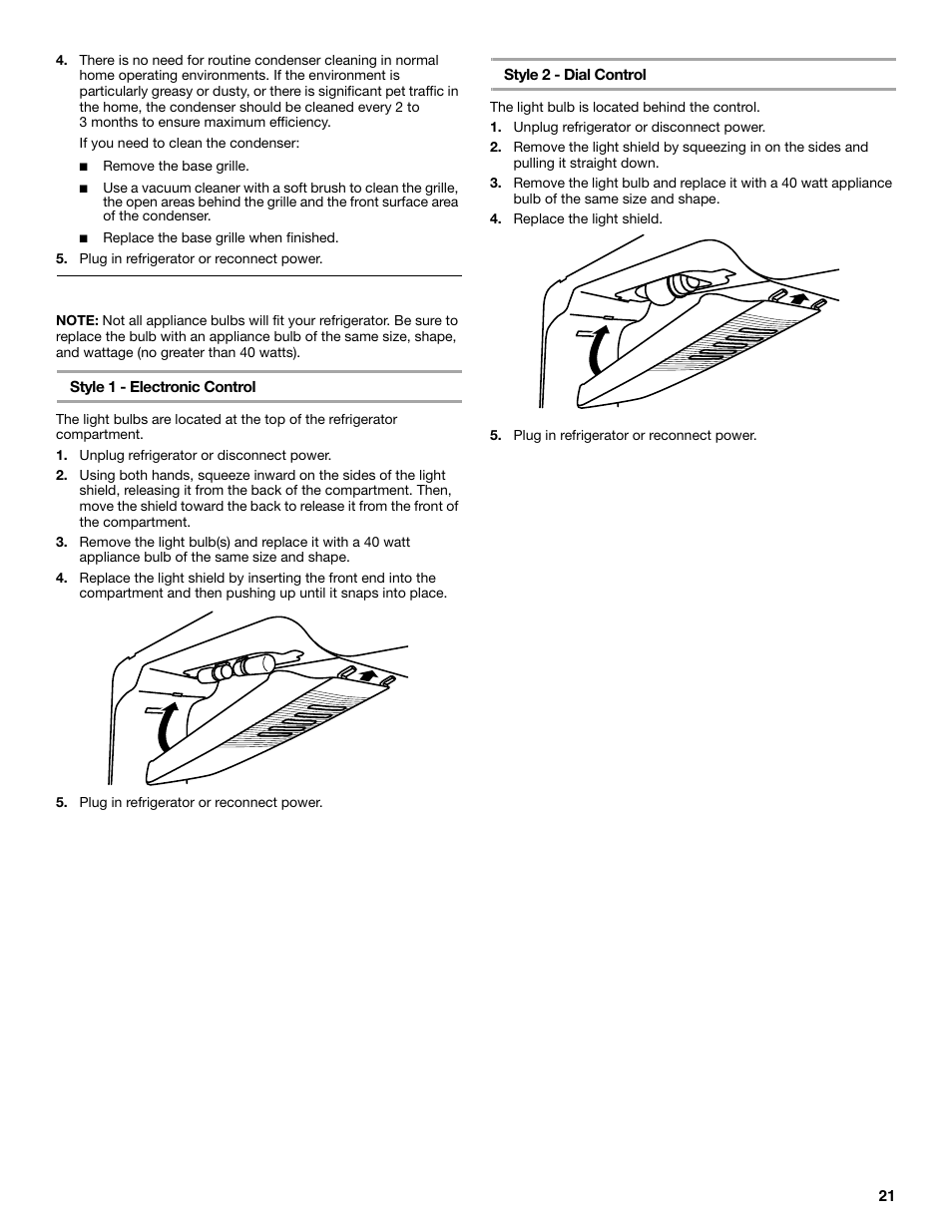 Changing the light bulbs | Maytag M8TXEGFBS User Manual | Page 21 / 84