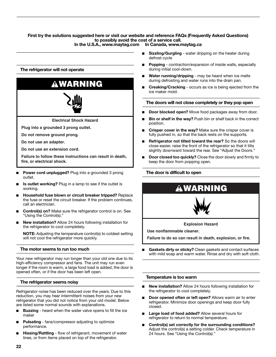 Troubleshooting, Warning, Refrigerator operation | Temperature and moisture | Maytag M8TXEGFBS User Manual | Page 22 / 84