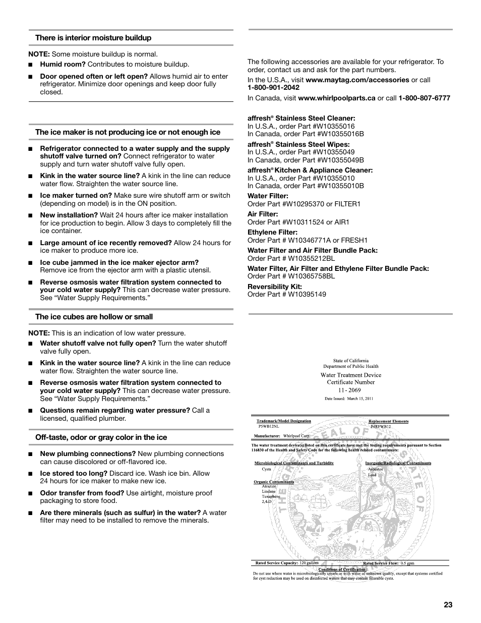 Accessories, Water filter certifications, Ice and water | Maytag M8TXEGFBS User Manual | Page 23 / 84