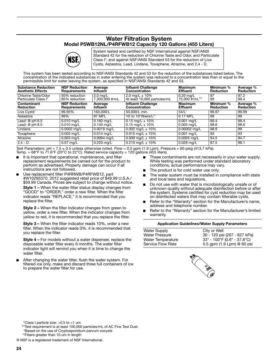 Performance data sheet, Water filtration system | Maytag M8TXEGFBS User Manual | Page 24 / 84