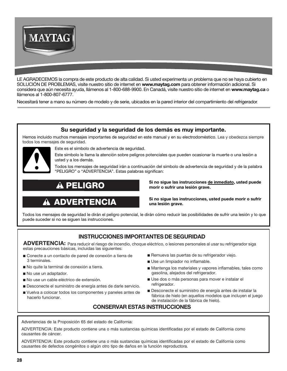 Instrucciones para el usuario del refrigerador, Seguridad del refrigerador, Advertencia peligro | Maytag M8TXEGFBS User Manual | Page 28 / 84