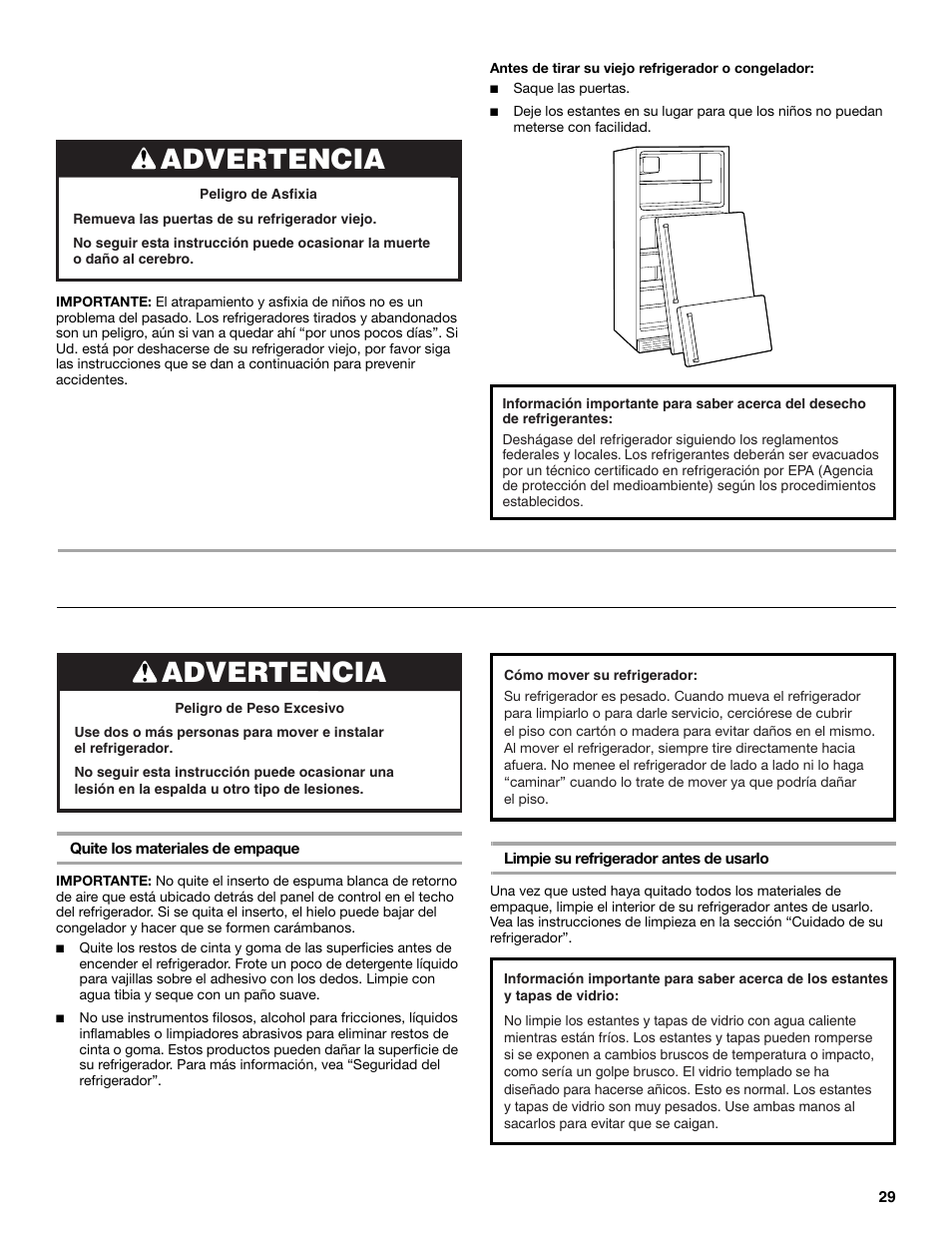 Instrucciones de instalación, Advertencia, Desempaque el refrigerador | Maytag M8TXEGFBS User Manual | Page 29 / 84