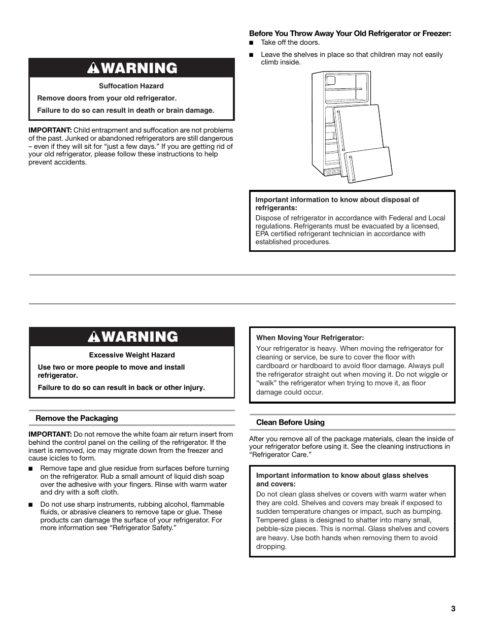 Installation instructions, Warning, Unpack the refrigerator | Proper disposal of your old refrigerator | Maytag M8TXEGFBS User Manual | Page 3 / 84